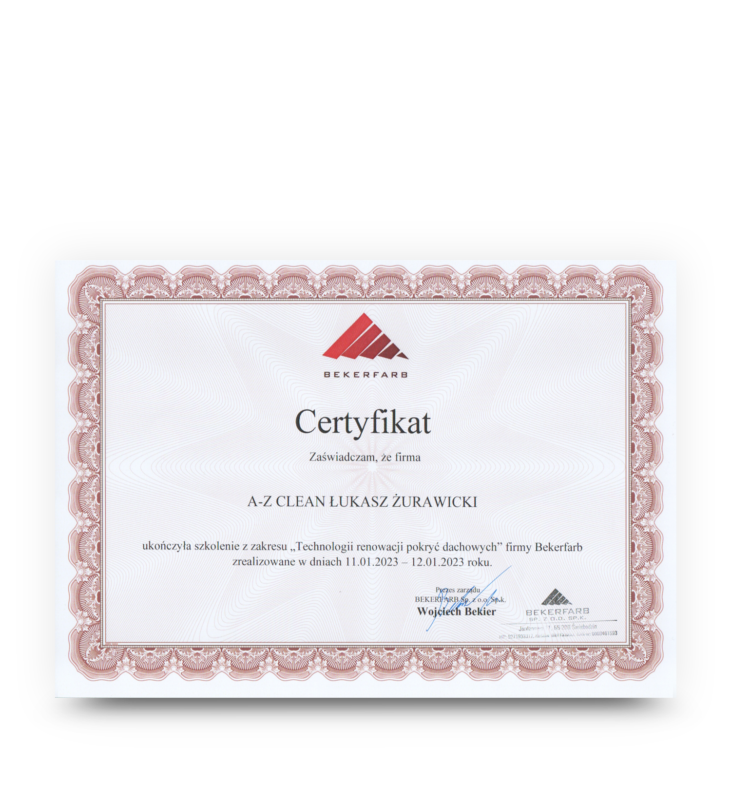 Certyfikat ukończenia szkolenia Bekerfarb